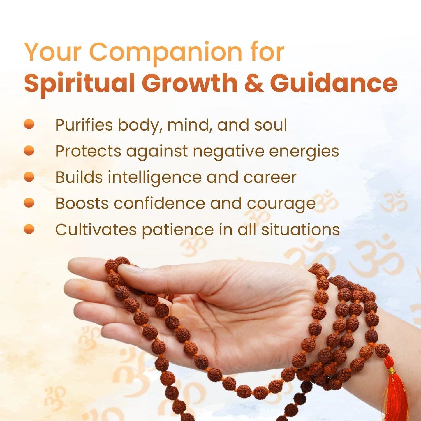 Hand holding a mala with text about spiritual growth and guidance on a light background.